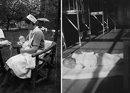 linke Bildhlfte: Brunhild und Krankenschwester im Garten des KKR, ca. Juni 1944; rechts: Brunhild nach ihrem Tod auf dem Boden des Bunkers;